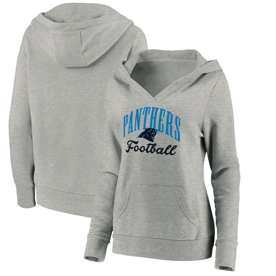 Women Carolina Panthers Fanatics Branded Heathered Gray Victory Script V-Neck Pullover Hoodie